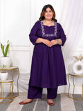 Miravan Women's Plus Size Purple Embroidered Sweetheart Neck & Accordion Pleated Solid A-Line Kurta And Palazzo Set
