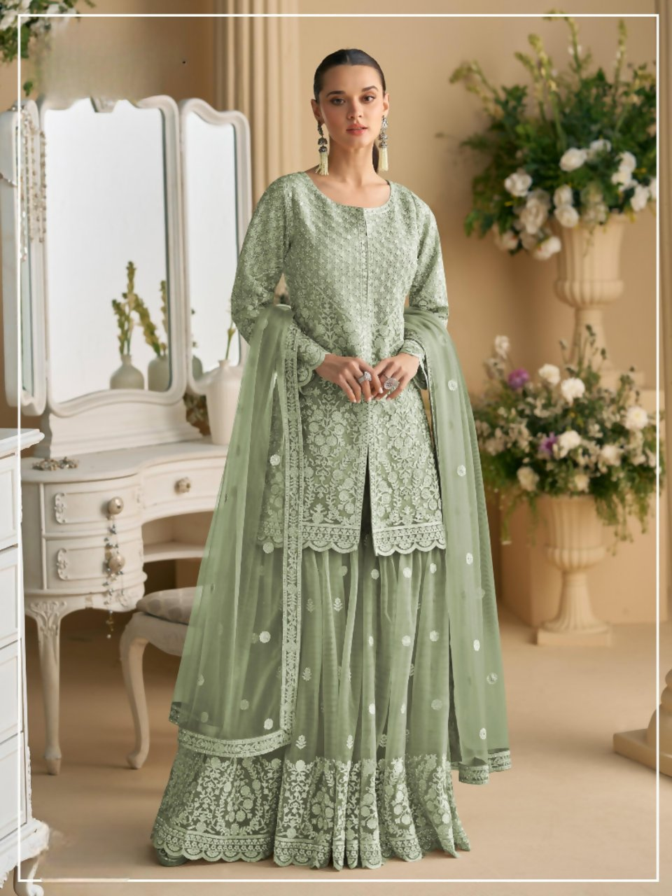 Anaita Green Heavy Net Readymade Suit with Embroidery & Sequence Work - Distacart