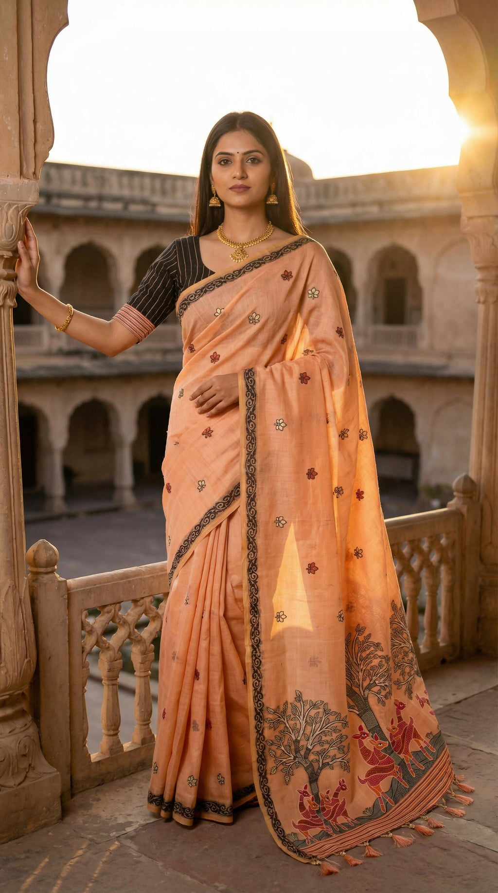 Vastranavya Peach Muga Cotton Meenakari & Azarakh Pallu Saree with Contrast Blouse - Distacart