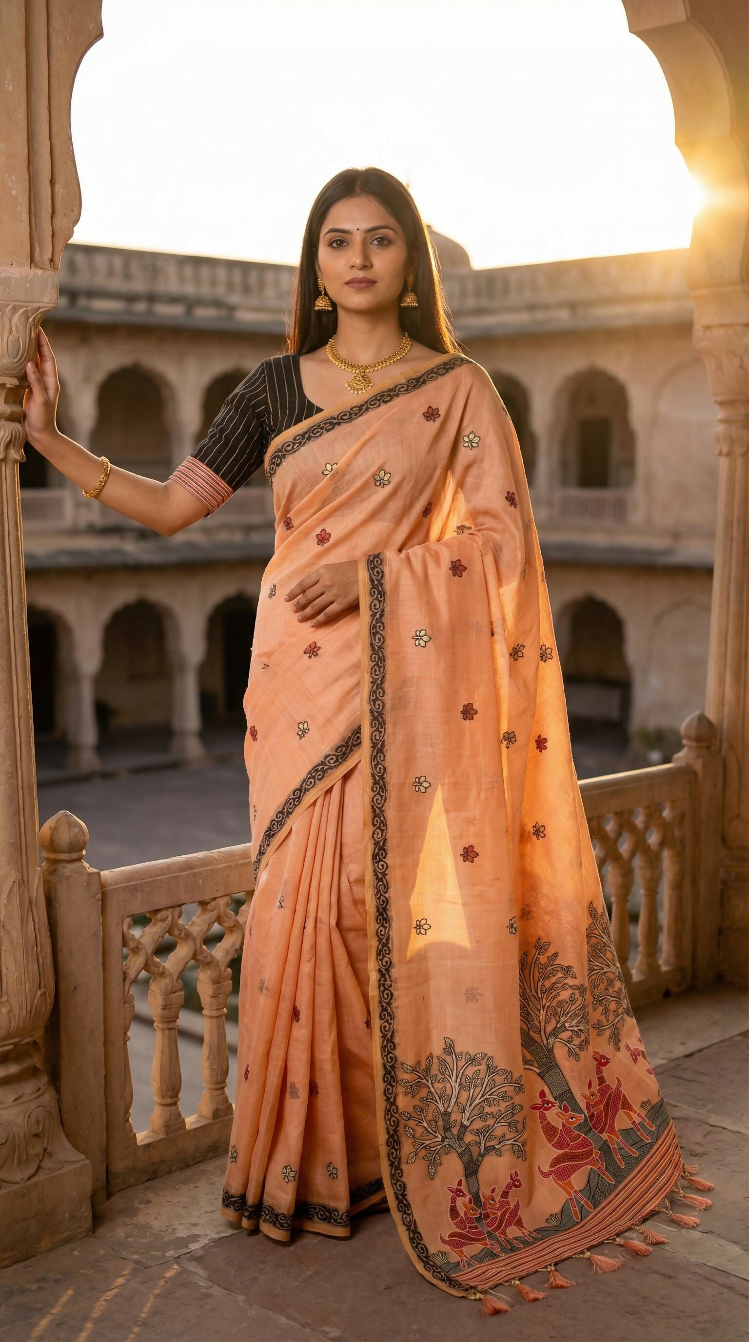 Vastranavya Peach Muga Cotton Meenakari & Azarakh Pallu Saree with Contrast Blouse - Distacart