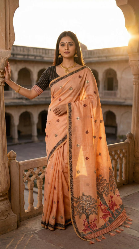 Vastranavya Peach Muga Cotton Meenakari & Azarakh Pallu Saree with Contrast Blouse
