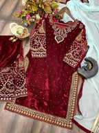 Vastranavya Maroon Viscose Velvet Cording Sequence Embroidery Work Suit With Dupatta - Distacart