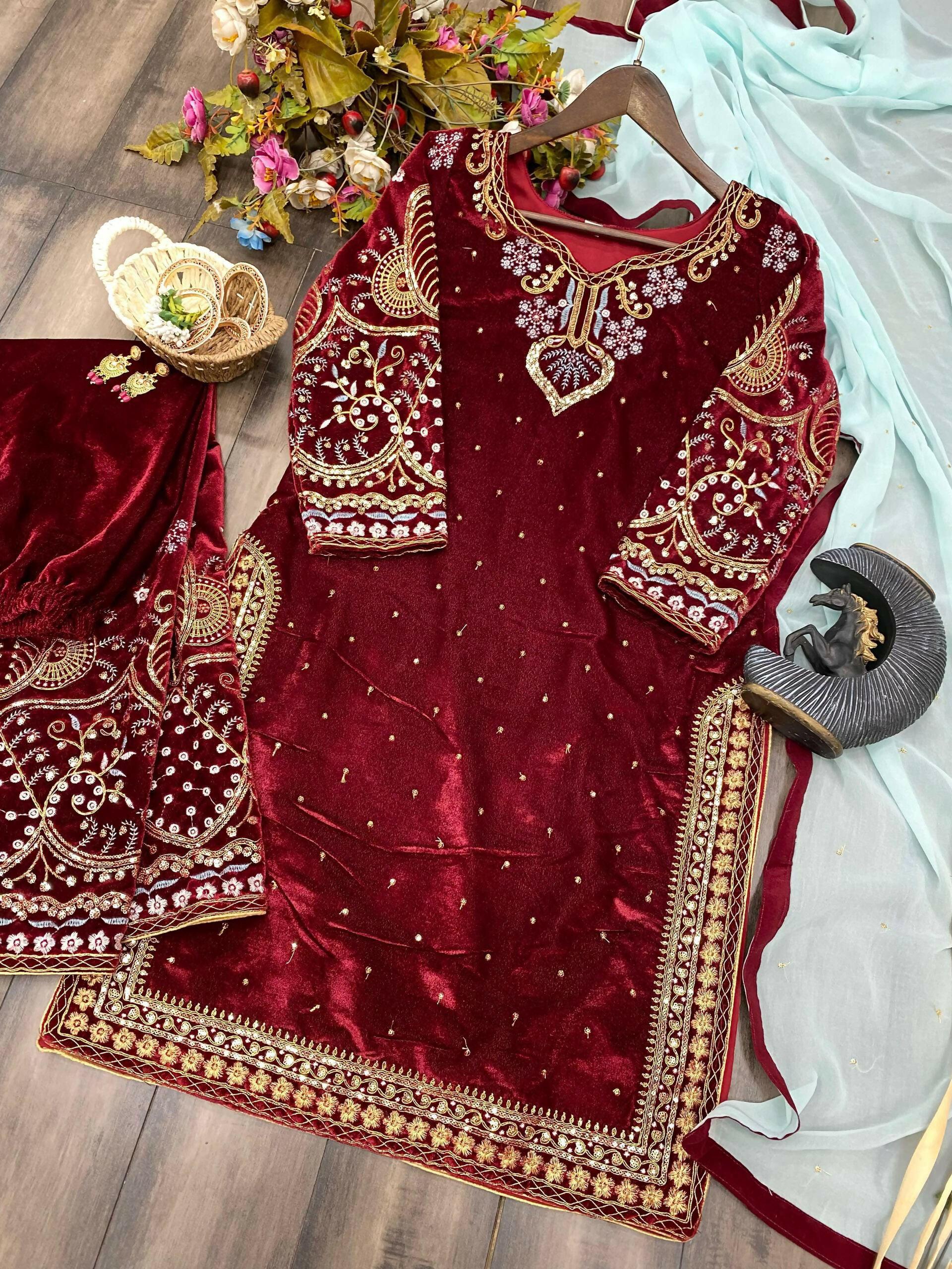 Vastranavya Maroon Viscose Velvet Cording Sequence Embroidery Work Suit With Dupatta - Distacart