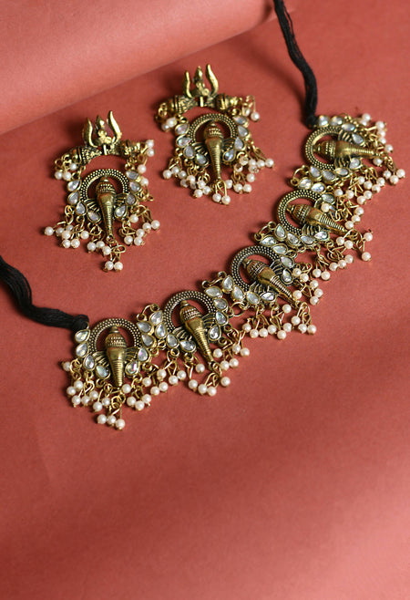 Mominos Fashion Johar Kamal Oxidised Gold-Polished Ganesha Design Necklace Choker Set