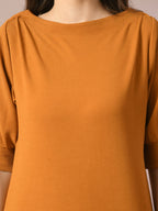Myshka Women's Mustard Solid Boat Neck Party Top With Trousers Co-ord set