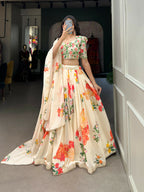 Vastranavya Floral Printed Georgette Lehenga Set With Thread Work Unstitched Choli - Cream