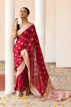 Joban Fashion Red Crepe Chiffon Pure Handloom Banarasi Silk Saree