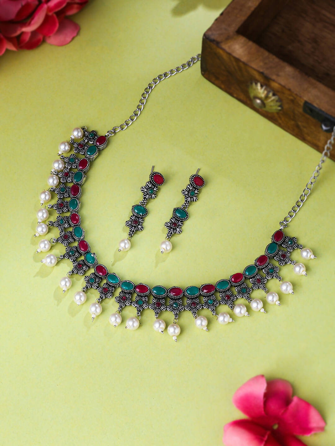 NVR Women Silver-Plated Stone Studded Oxidised Silver Jewellery Set