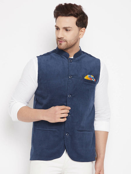 Even Apparels Blue Polyester Men's Nehru Jacket-Contrast Lining-Inbuilt Pocket Square