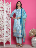 Jyoti Fashion Women's Turquoise Satin Traditional Digital Print with Crystal work Kurta with Trouser & Dupatta