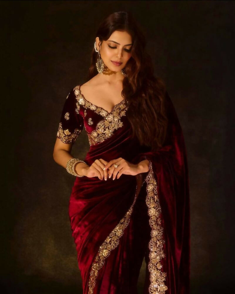 Joban Fashion Maroon 9000 Velvet Party Wear Sarees - Distacart