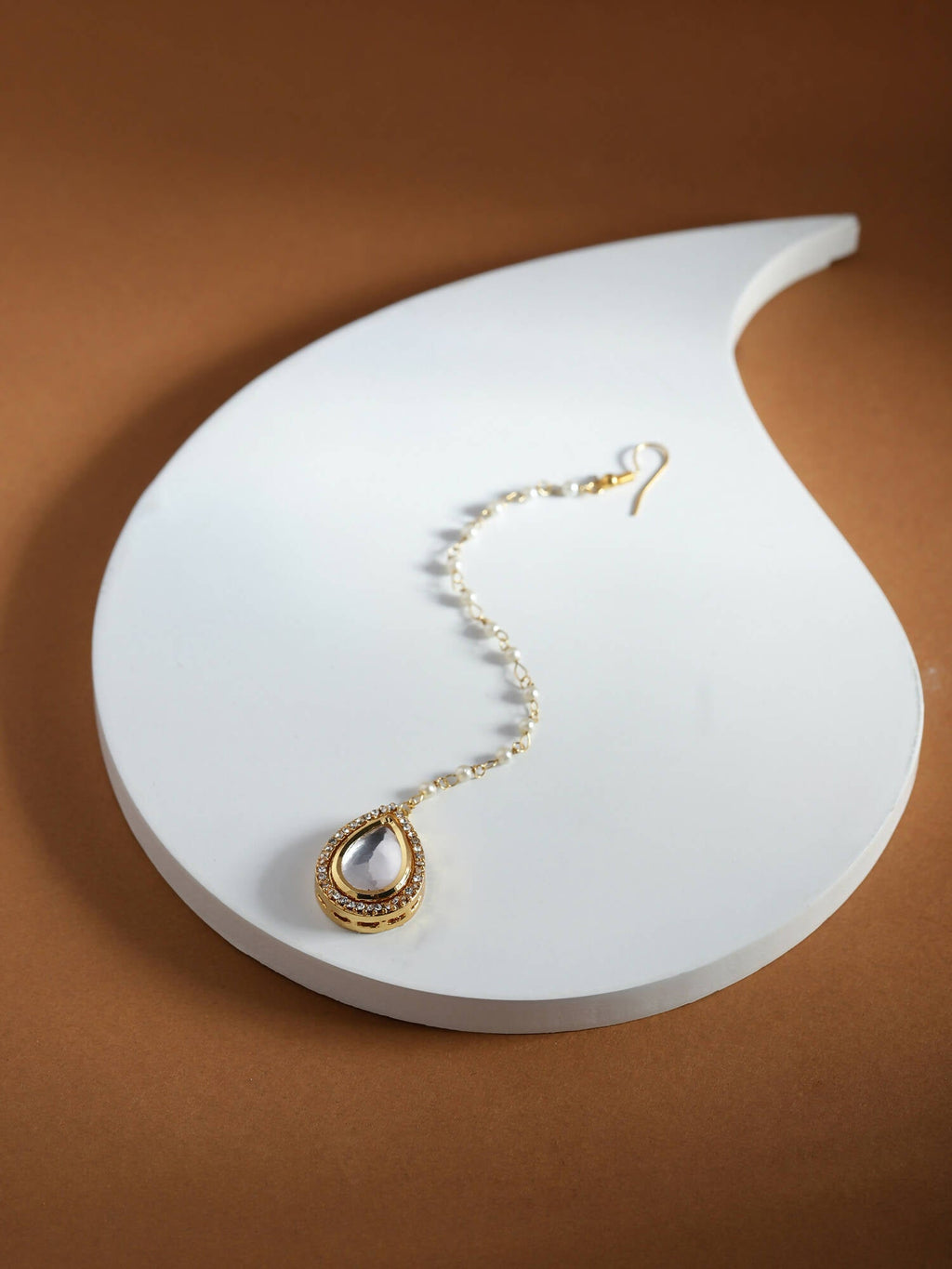 Gold-Plated White Kundan-Studded Pearl Beaded Maang Tikka - Ruby Raang - Distacart