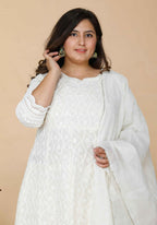 Miravan Women's Plus Size Beige Chikankari Thread Work Anarkali Kurta With Dupatta