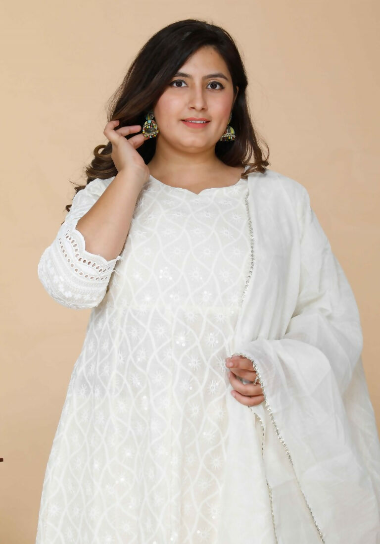 Miravan Women's Plus Size Beige Chikankari Thread Work Anarkali Kurta With Dupatta