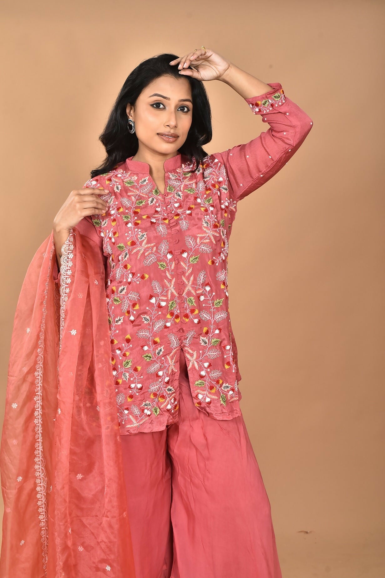 Morchari Women And Hand Embroidery Palazzo Set-Rust