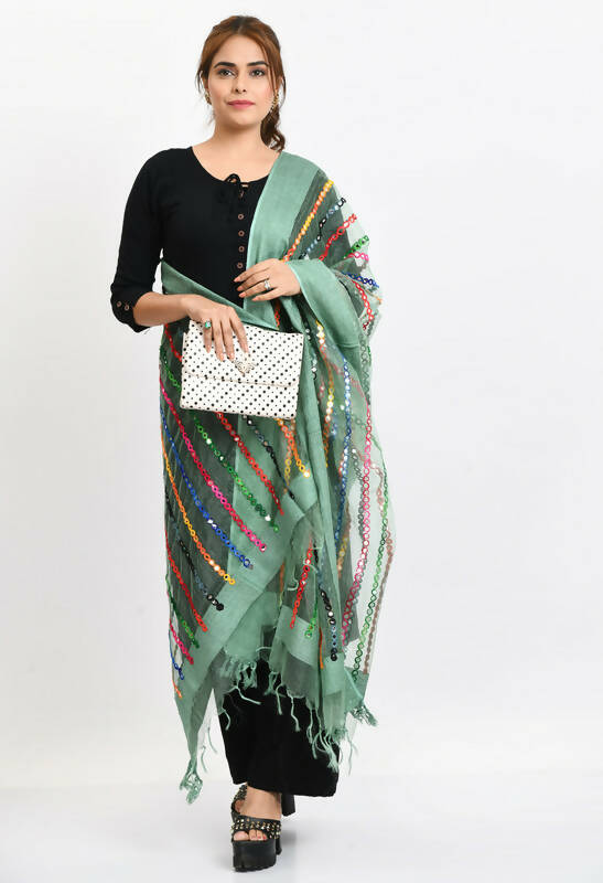 Mominos Fashion Moeza Women's Orgenza Multi Thread Mirror Work Pista Green Dupatta - Distacart