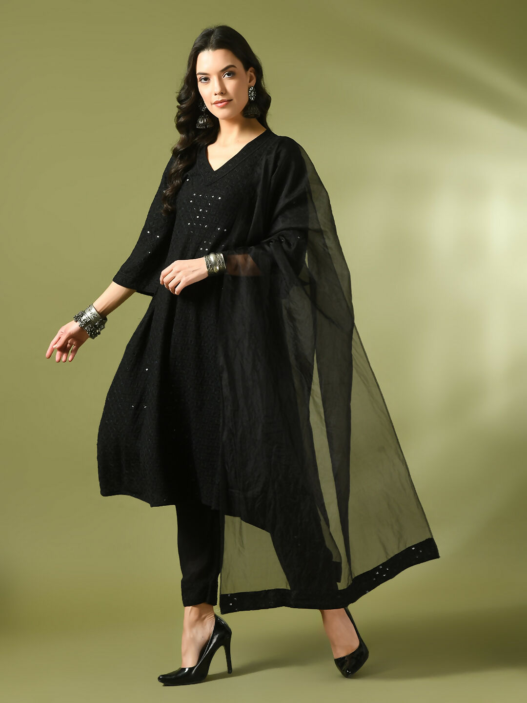 Myshka Women's Black Embroidered Cotton A-Line Party Kurta Set With Dupatta