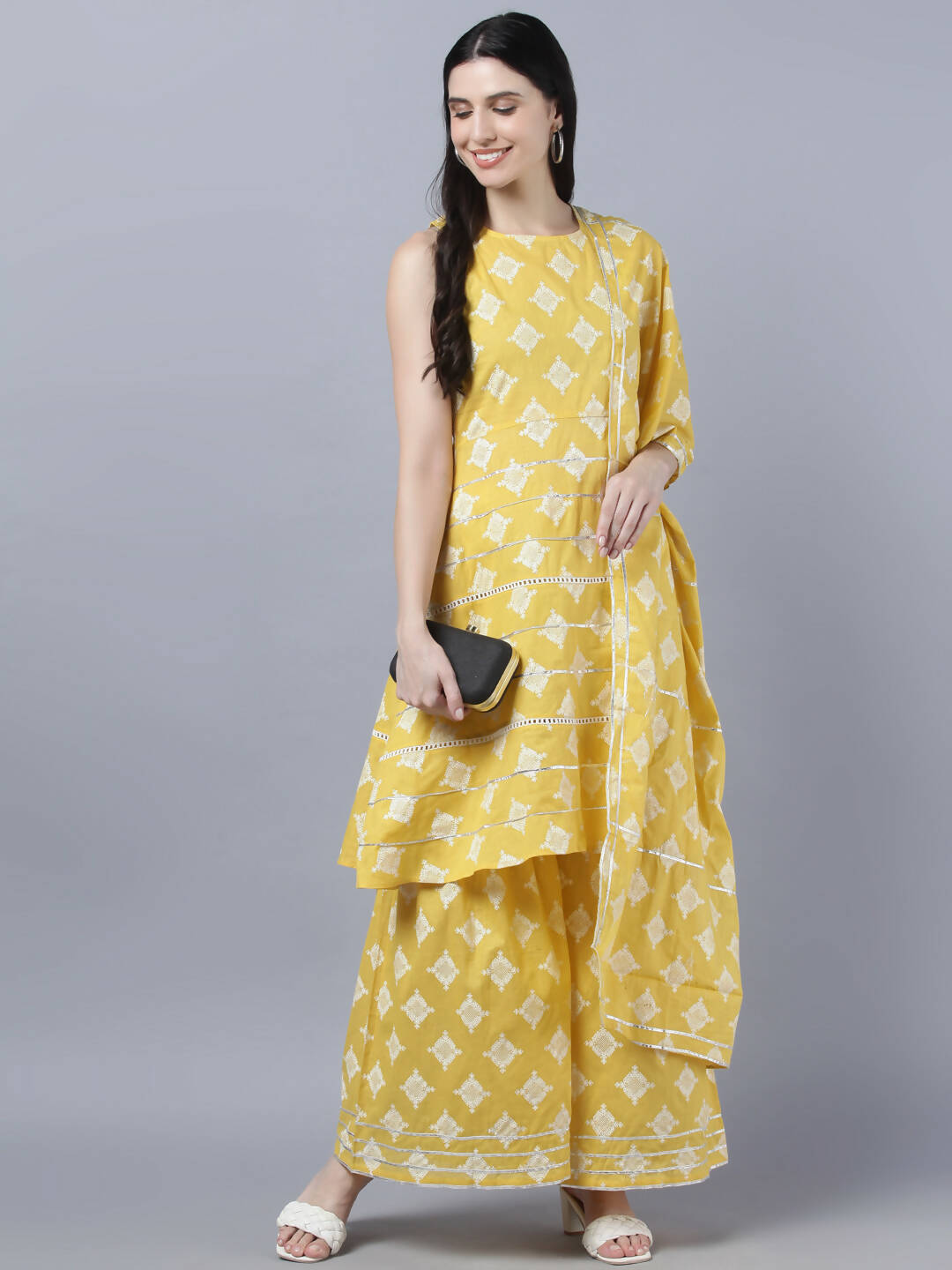 Myshka Women Yellow Floral Pure Cotton Kurti with Palazzos With Dupatta - Distacart
