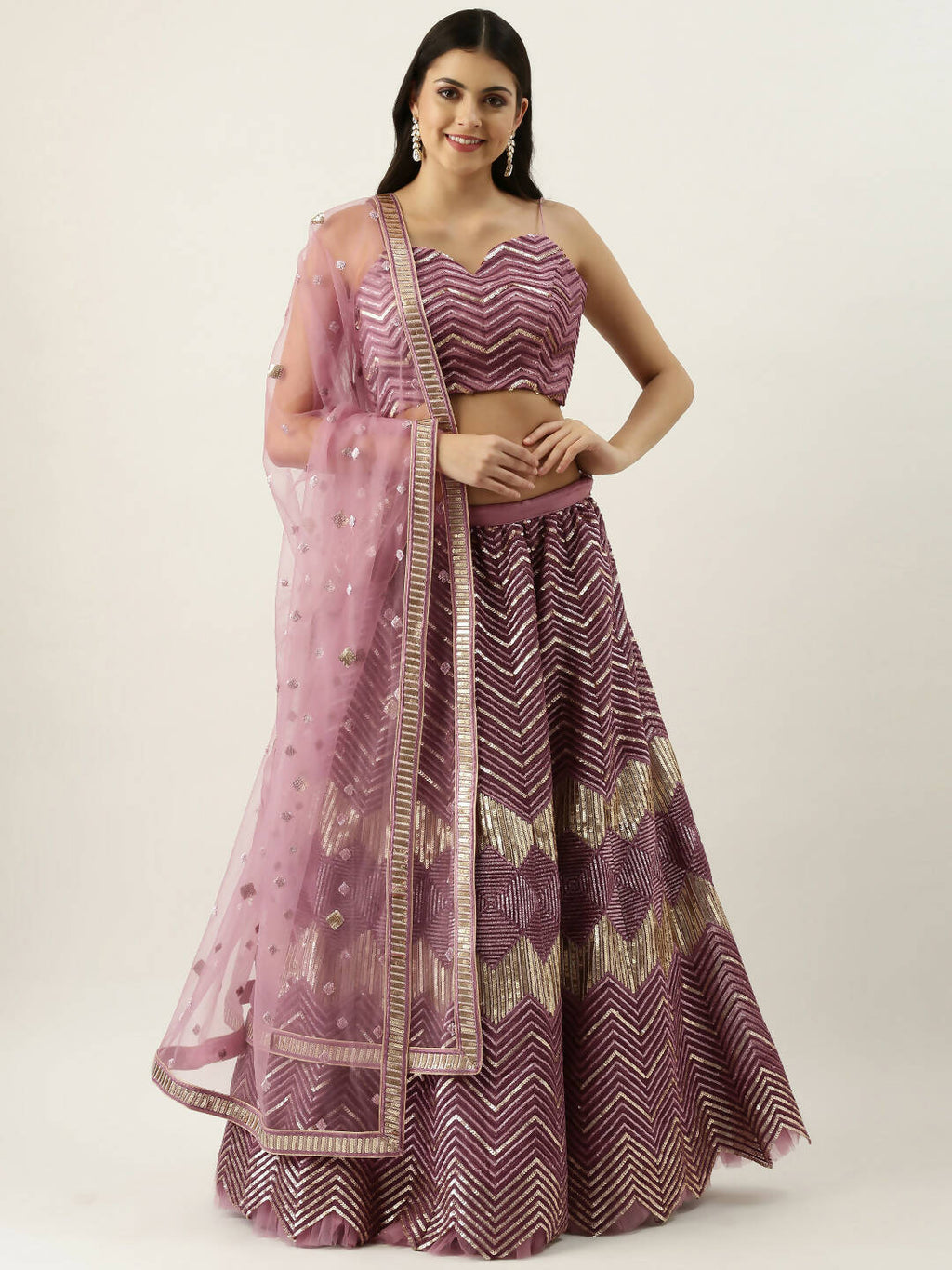 House of Panchhi Lavender - Net Embroidered Lehenga with Zig-Zag Pattern