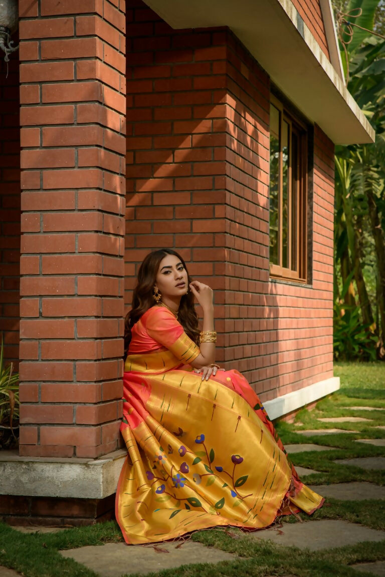 Jyoti Fashion Women's Coral Paithani Silk Zari Woven Saree with Blouse