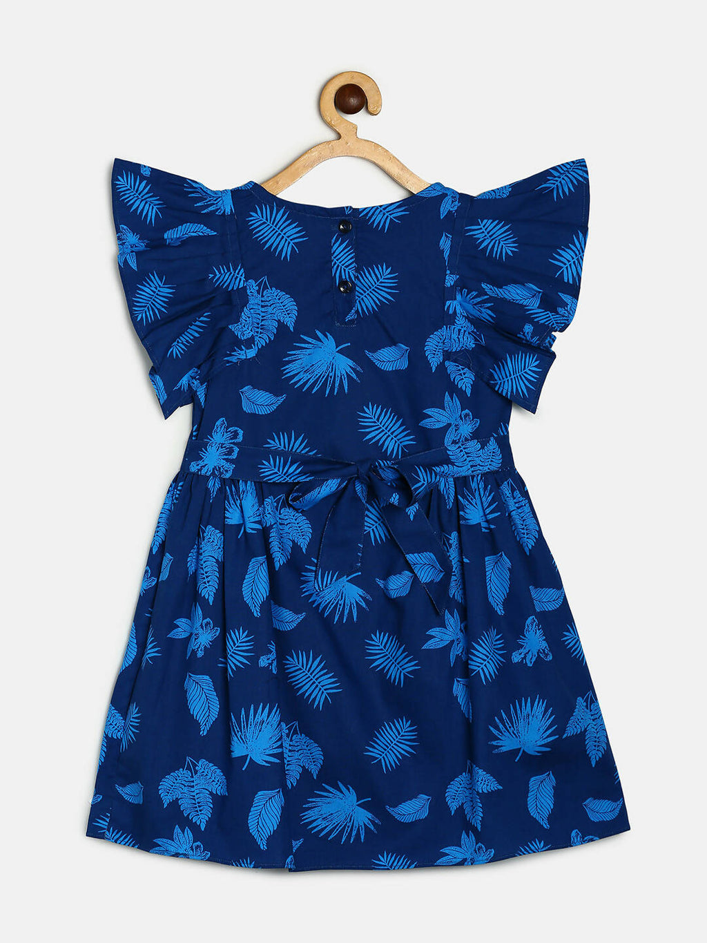 Manet Cotton Frill Bow Frock Leaf Printed - Blue