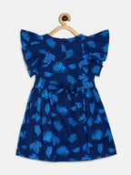 Manet Cotton Frill Bow Frock Leaf Printed - Blue