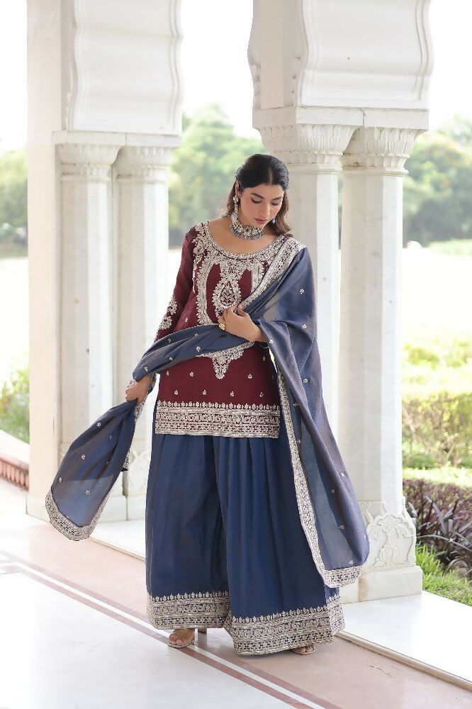 Joban Fashion Maroon Kurta Set Silk Sequins , Zari, Coding & Thread Embroidered work - Distacart