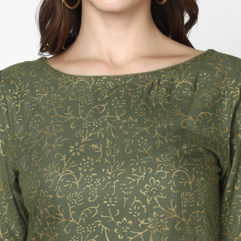 Cheera Hand Block Print Olive Green Straight Kurta (MAAI-057K)