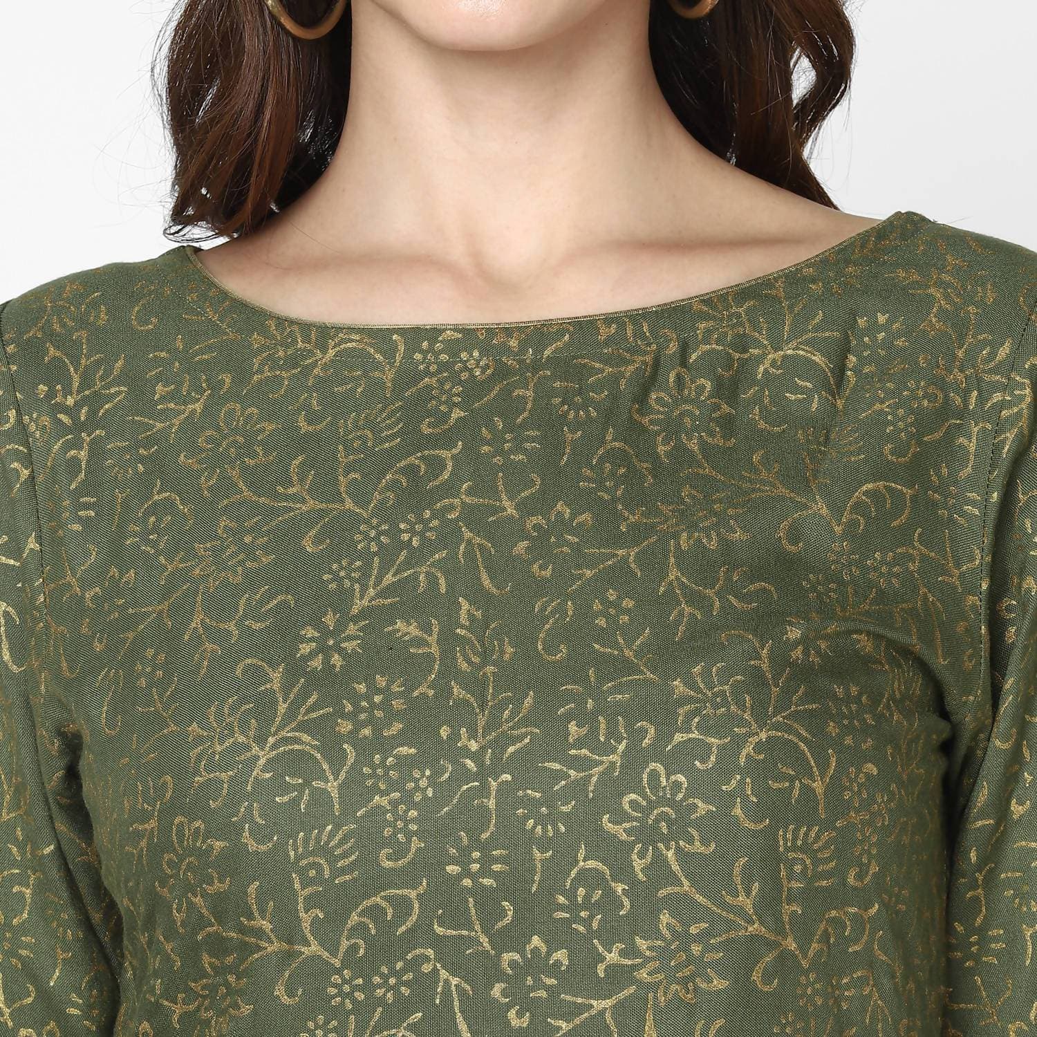 Cheera Hand Block Print Olive Green Straight Kurta (MAAI-057K)