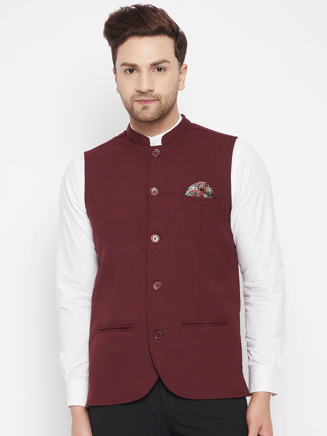 Even Apparels Maroon Merino Men's Nehru Jacket-Contrast Lining-Inbuilt Pocket Square - Distacart