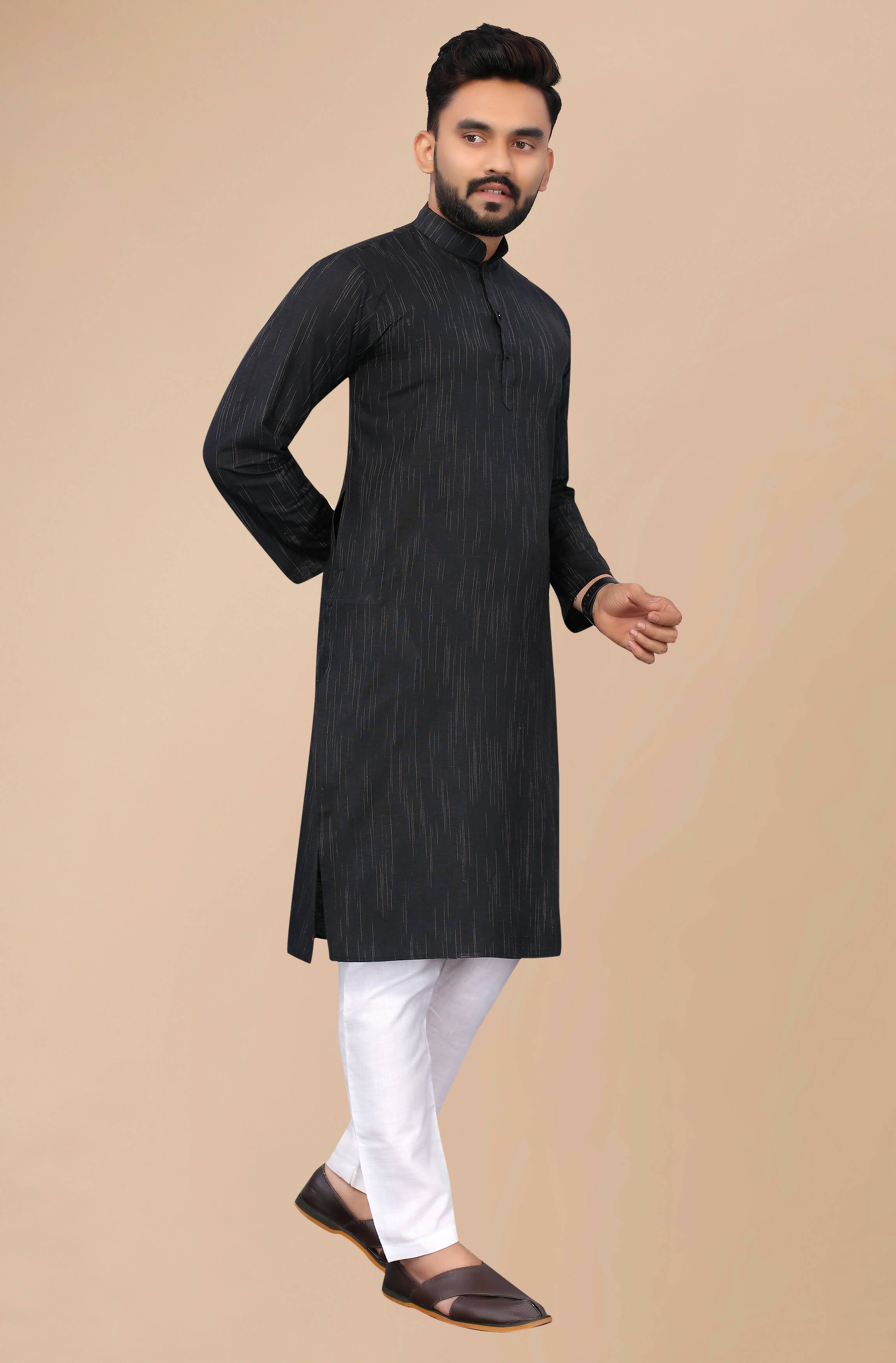 Indian Clothing Men's Black Striped Cotton Kurta - Mahotsav