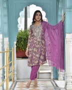 Vaasva Women's Purple Tissue Embroidered Suit Set With Solid Pant And Embroidered Dupatta