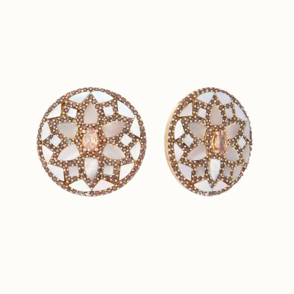 Nuyug 22K Gold Plated Mother of Pearls and Stone Studded Contemporary Floral Shaped Studs - Distacart