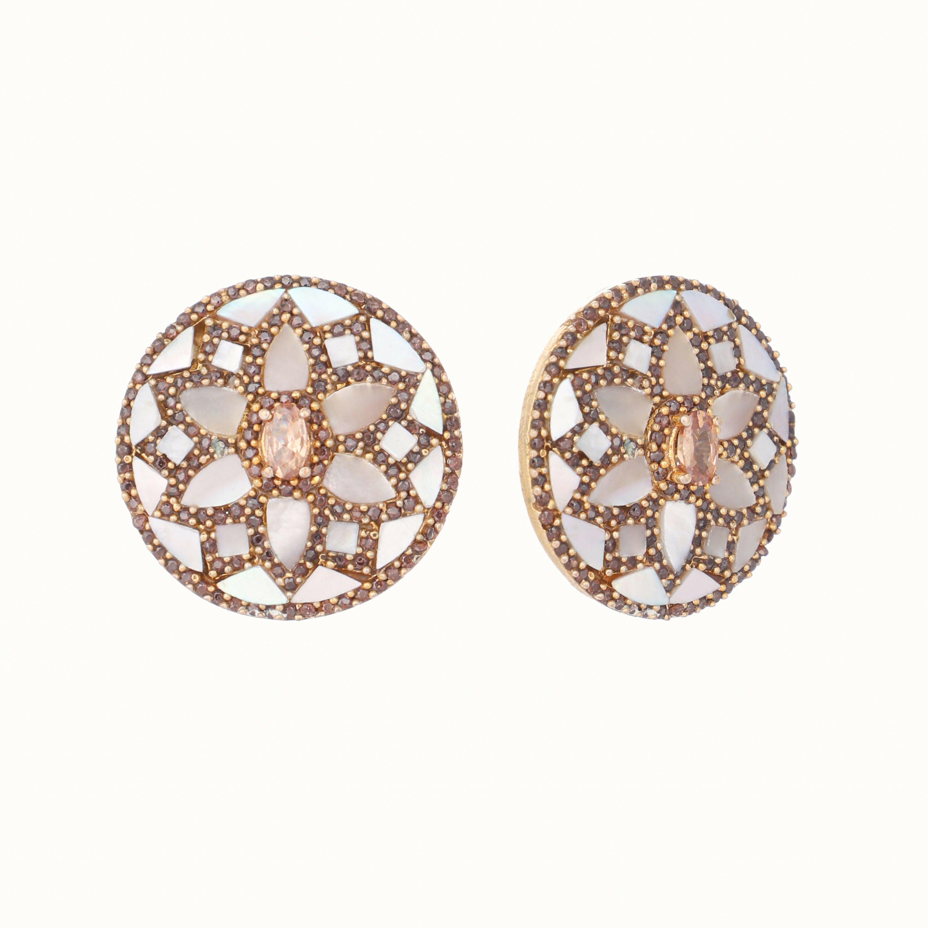 Nuyug 22K Gold Plated Mother of Pearls and Stone Studded Contemporary Floral Shaped Studs - Distacart