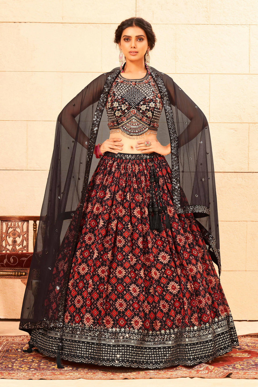 Maroon Faux Georgette Sequence work Lehenga Choli with Dupatta - Dhvani