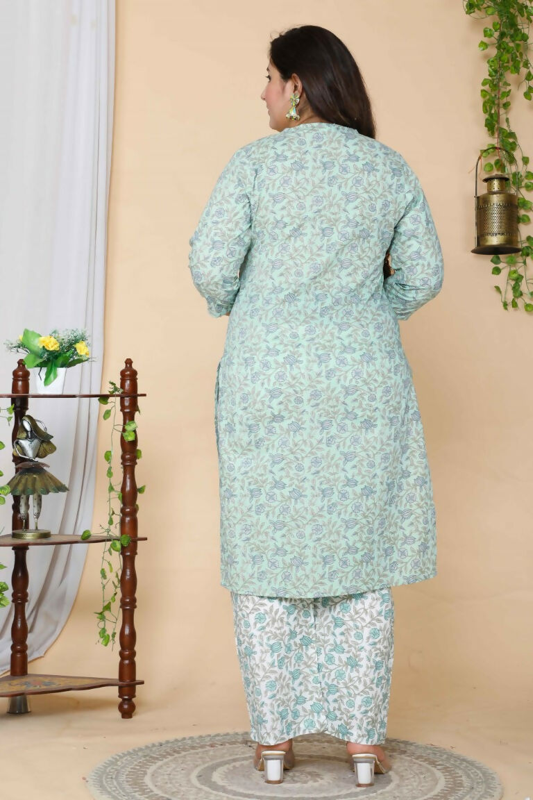 Miravan Women's Plus Size Green Floral Printed Cotton Kurta With Palazzo Set