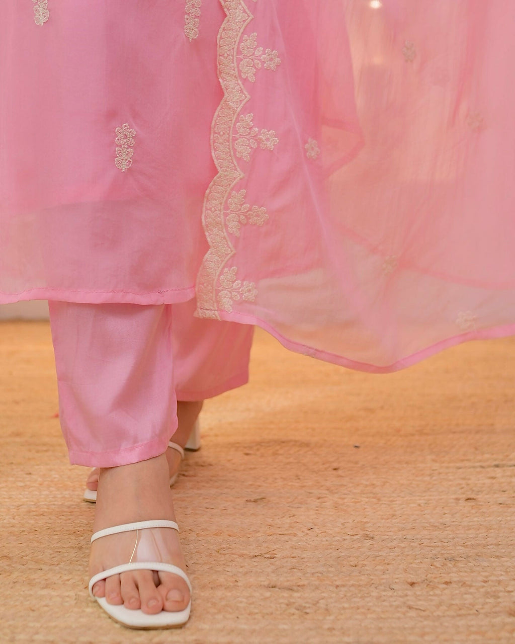 The52 Pink Women's Beautiful Chikankari Work Chanderi Fabric Straight Kurta Pant and Dupatta Set - Distacart