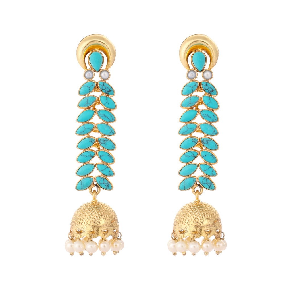 Nuyug 22K Gold Plated Pearl & Turquoise Stone Studded Contemporary Shaped Jhumkas - Distacart