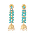 Nuyug 22K Gold Plated Pearl & Turquoise Stone Studded Contemporary Shaped Jhumkas - Distacart
