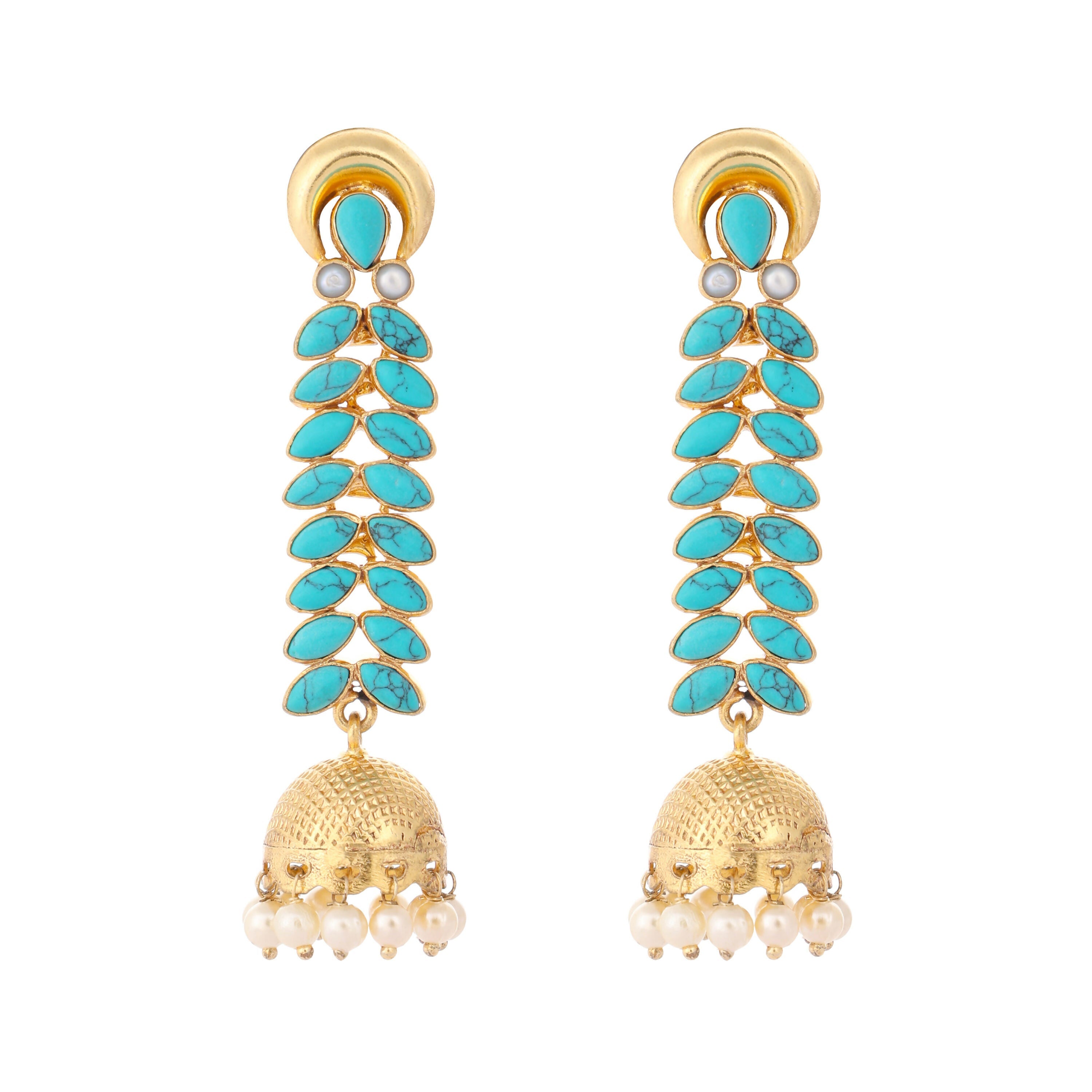 Nuyug 22K Gold Plated Pearl & Turquoise Stone Studded Contemporary Shaped Jhumkas - Distacart