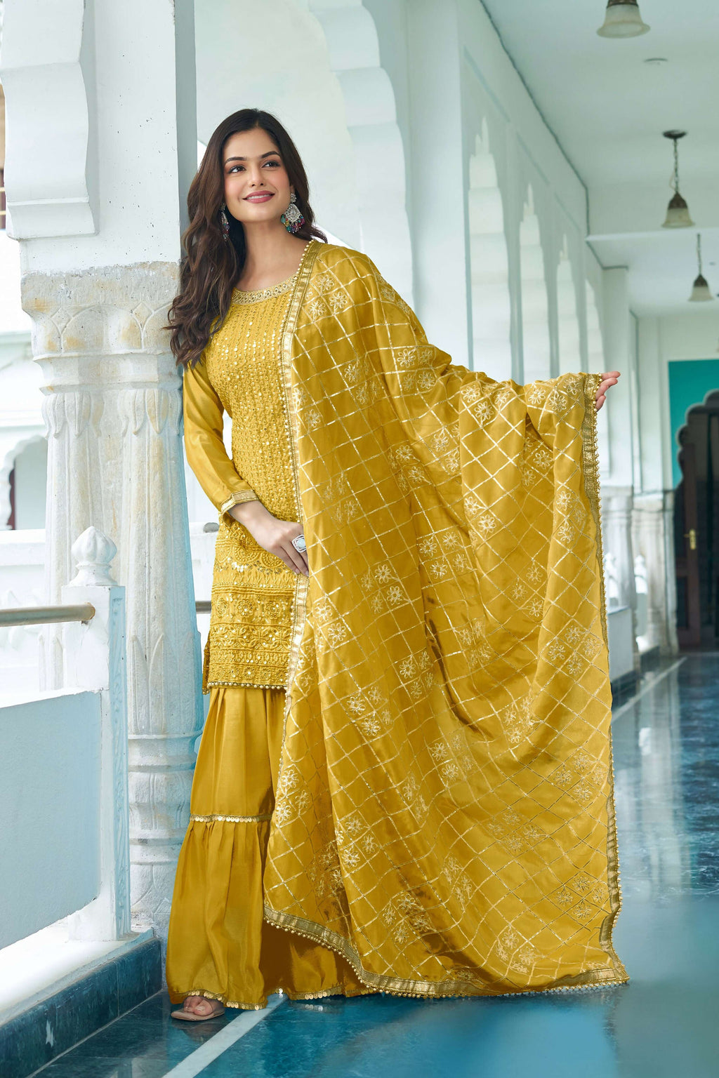 Joban Fashion Yellow Kurta Set Chinon Silk Embroidery Sequence Work - Distacart