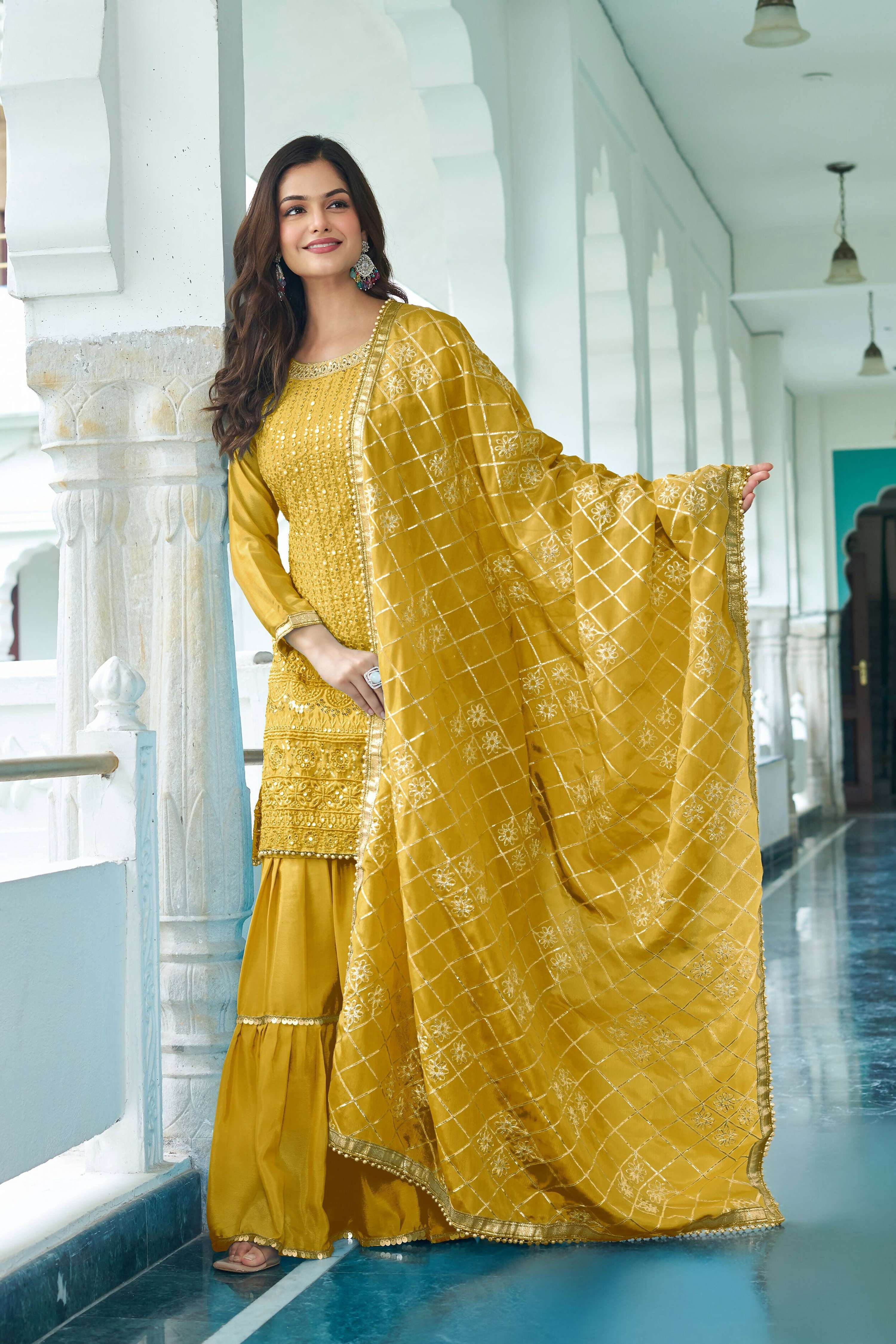Joban Fashion Yellow Kurta Set Chinon Silk Embroidery Sequence Work - Distacart