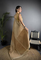 Joban Fashion Ivory Banarasi Soft Lichi Silk Checks & Woven Saree - Distacart