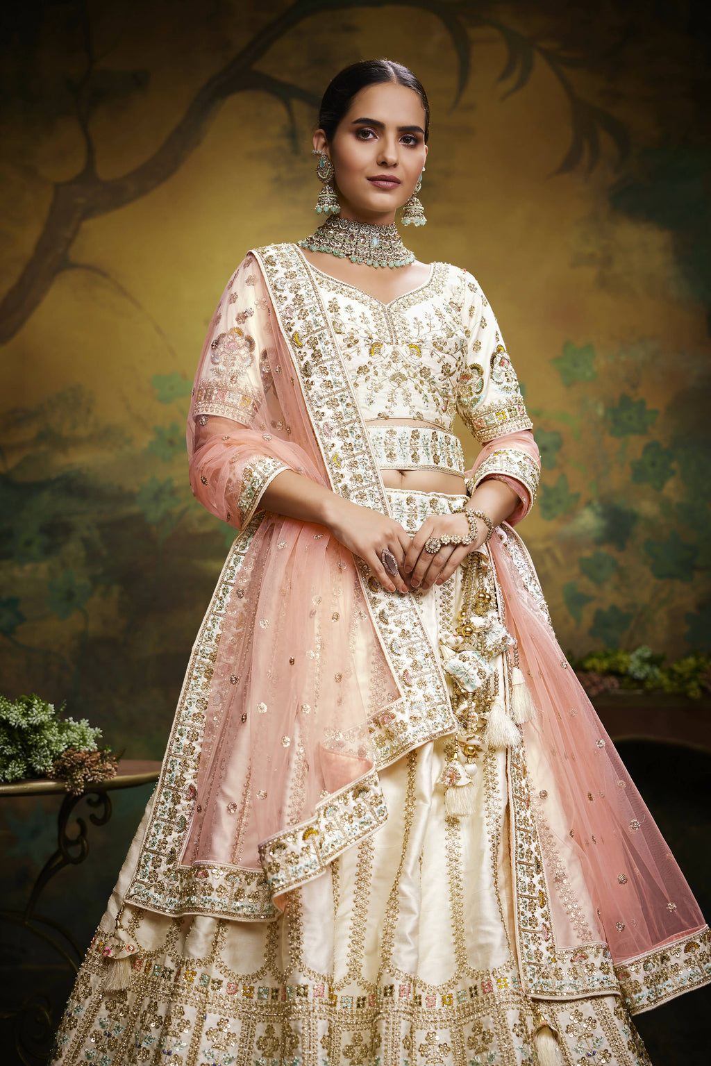 House of Panchhi Off White Pure Silk Moti & Zarkan heavy embroidery Lehenga choli & Dupatta