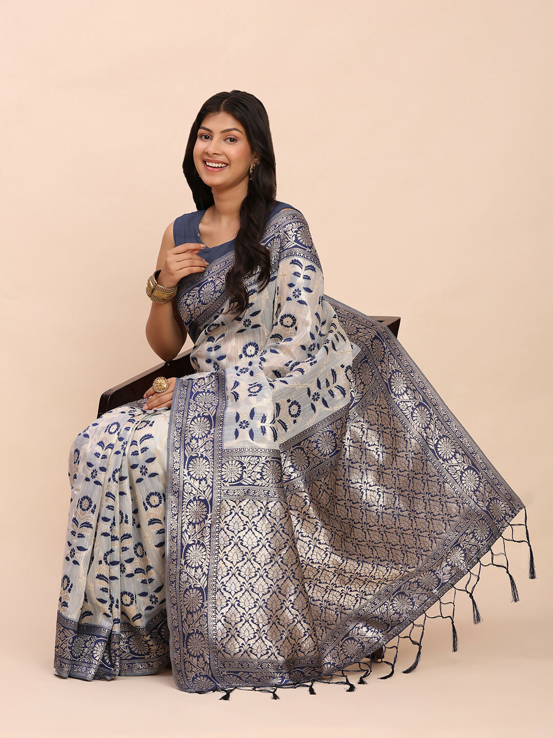 Shree Shyam Fashion Linen Cotton Navy Blue Saree - Distacart