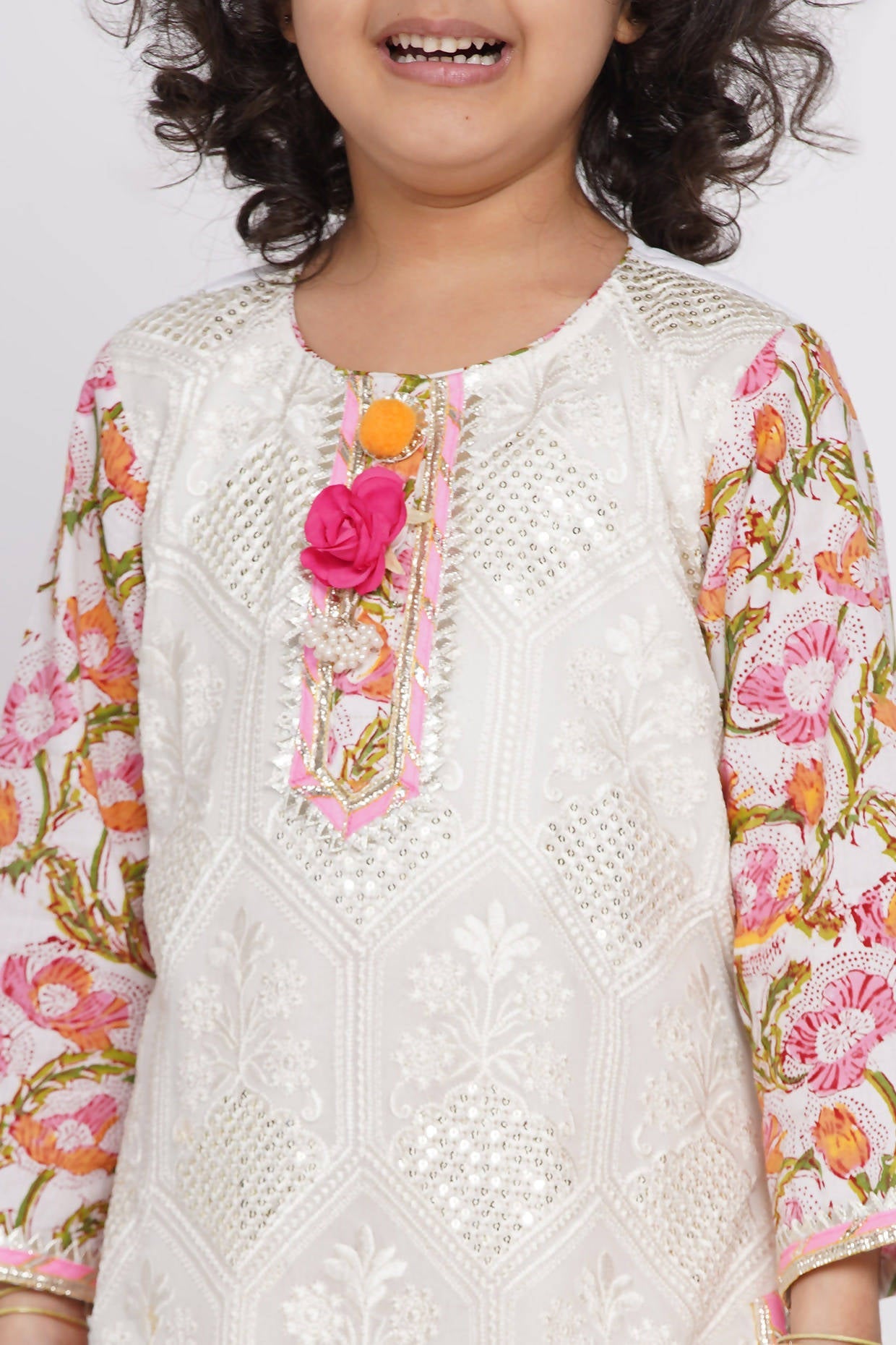 Little Bansi Girls Cotton Floral work Kurta with Floral Sharara & Dupatta - White