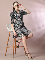 Myshka Women's Black Printed Shirt Collar Fit and Flare Party Dress - Distacart