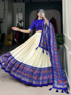 Lorenvalley Offwhite and Royalblue Tussar Silk Patola Print Lehenga Choli
