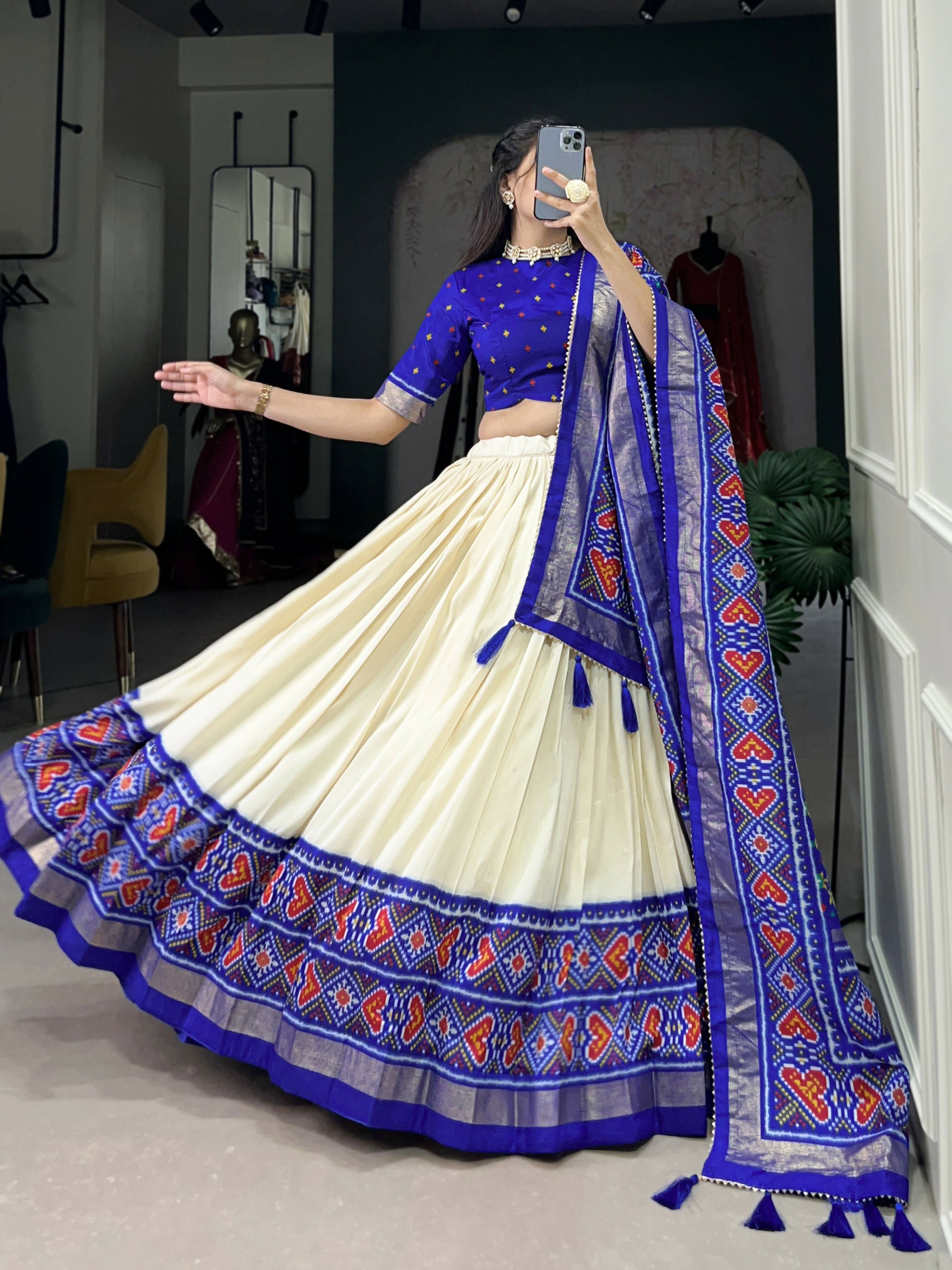 Lorenvalley Offwhite and Royalblue Tussar Silk Patola Print Lehenga Choli