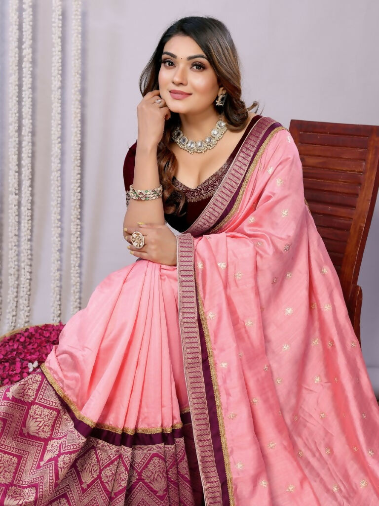 Pink Tusser Silk Zari And Sequins Embroidery Saree - Norita Saumya